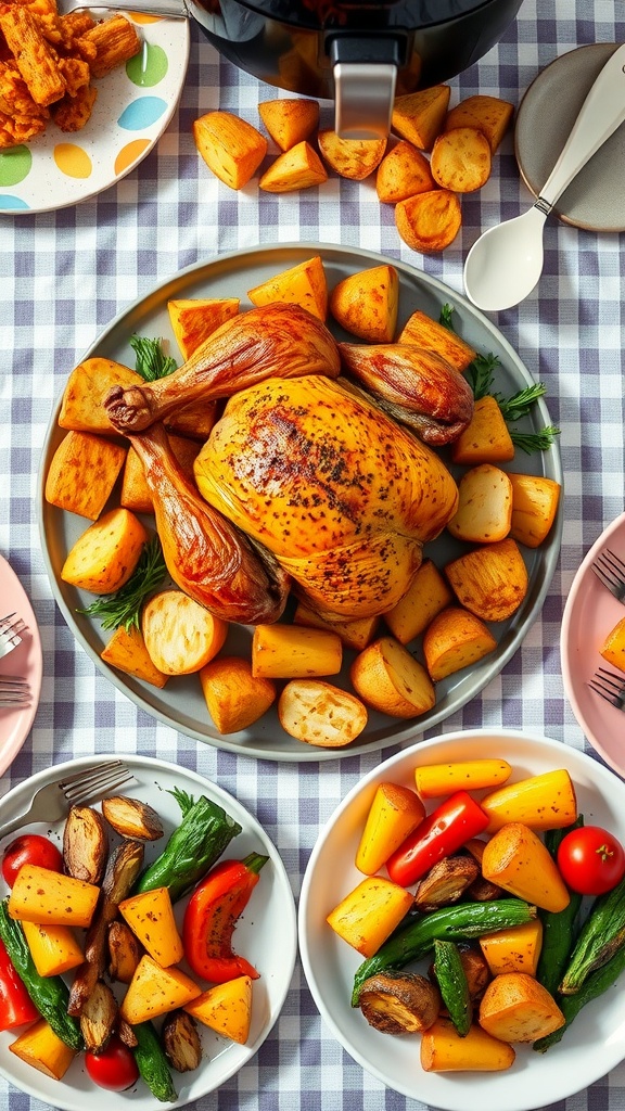 A delicious family meal featuring roasted chicken, crispy potatoes, and colorful vegetables made in an air fryer.